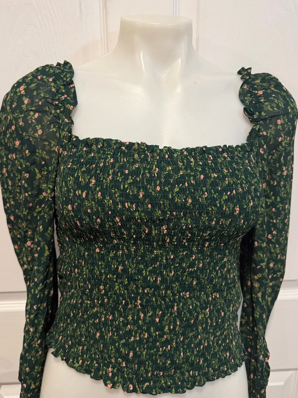 Reformation pinto green floral fully smocked bodice long puff sleeve medium